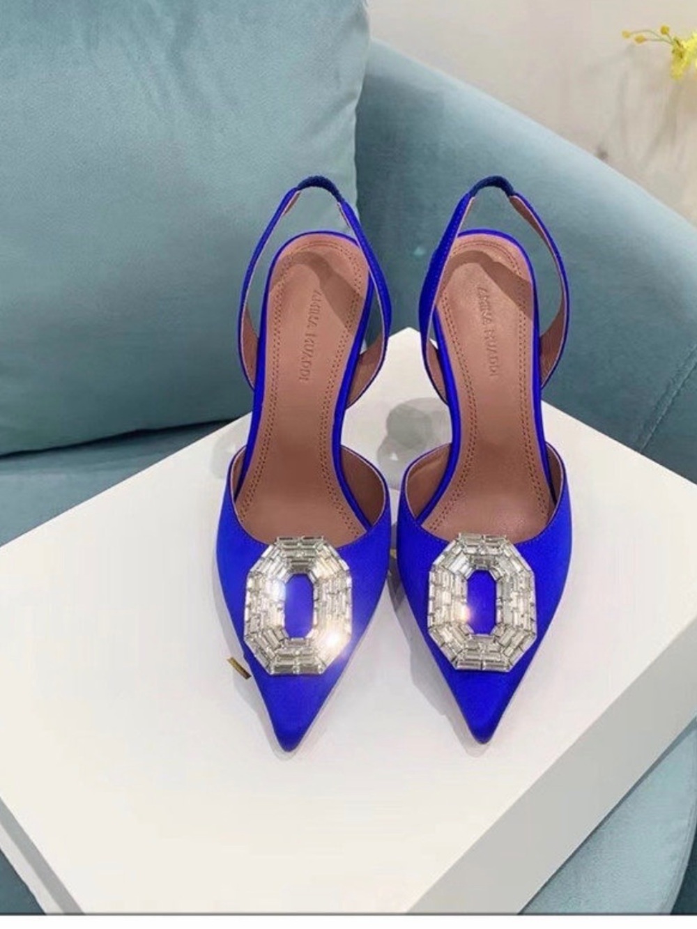 Women's Blue Pointed Toe Slingback Heels with Crystal Buckle